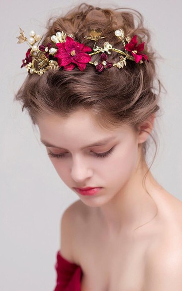 Vintage Korean Pink Metal Flowers Bridal Tiara