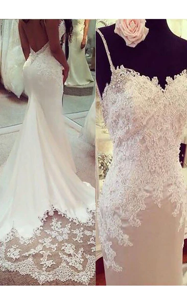 Trumpet Applique Spaghetti Straps Sleeveless Court Train Wedding Dresses