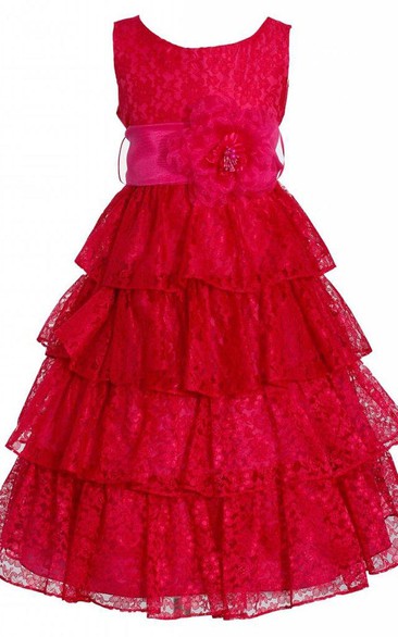 Sleeveless A-line Lace Dress With Tiers and Flower and Bow