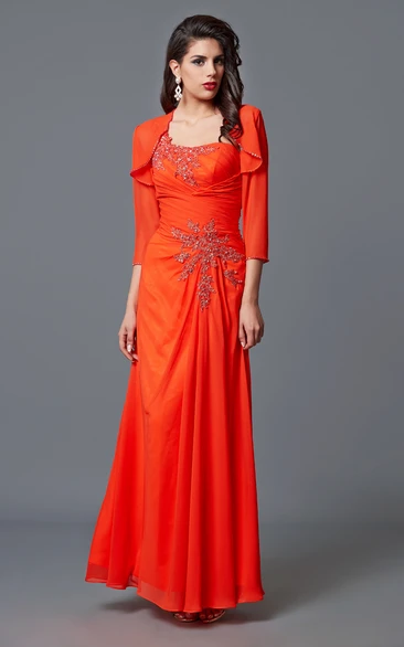 Elegant One-sided Draping Chiffon and Lace Formal Long Dress With Chiffon Jacket