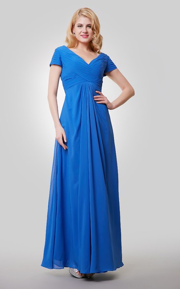 Short Sleeve V-Neck A-Line Chiffon Dress With Crisscross Ruching