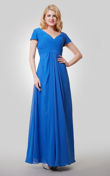 Short Sleeve V-Neck A-Line Chiffon Dress With Crisscross Ruching