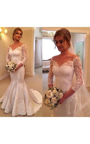 3-4 Illusion Sleeves Off-shoulder Style Mermaid Lace Gown