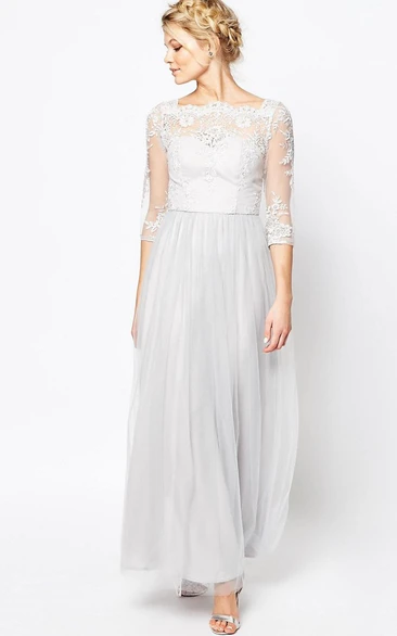 Ankle-Length Appliqued Bateau Neck Half Sleeve Tulle Bridesmaid Dress