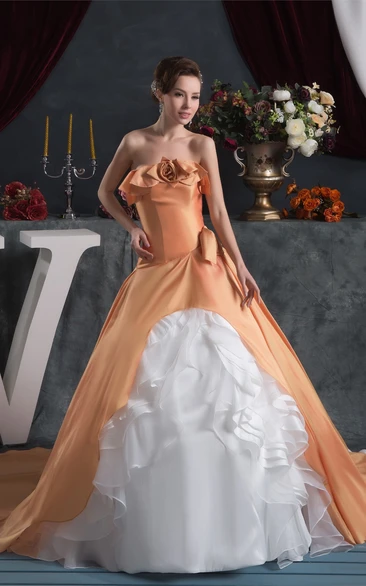 Strapless Ruffled Pleats and Ball-Gown With Flower