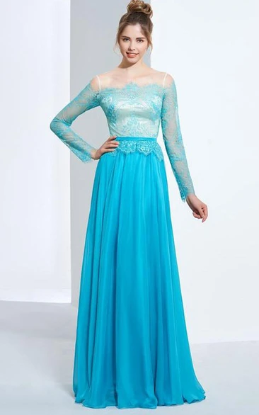 Long Sleeves A-Line Off-the-Shoulder Lace Floor-Length Prom Dress