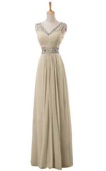 V-neck Long Empire Chiffon Dress With Rhinestones