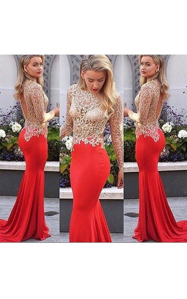 Mermaid Long Sleeve Chiffon Lace Keyhole Dress