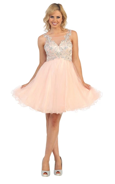 A-Line Short Bateau Empire Tulle Illusion Dress With Beading And Appliques