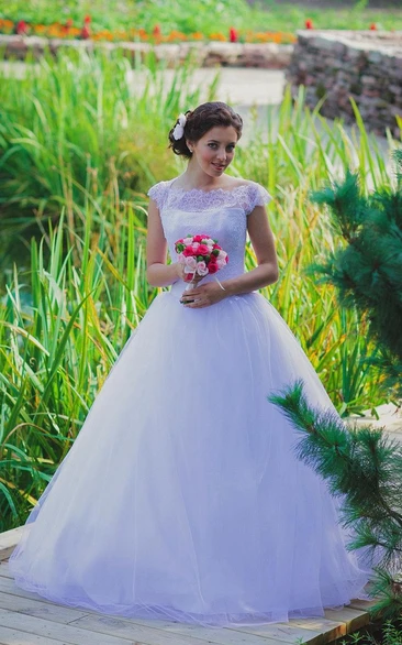 Cap Sleeve A-Line Tulle Ball Gown With Bateau Neckline and Lace Bodice