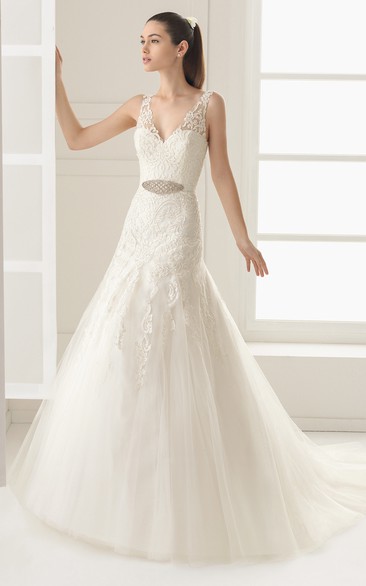 Dropped Waistline Gown With Delicate Beaded Sash