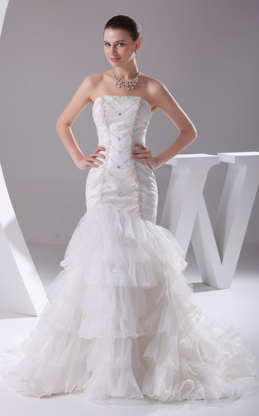 Strapless Maxi Ruffled Dress With Tiers and Beaded Bodice