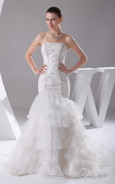 Strapless Maxi Ruffled Dress With Tiers and Beaded Bodice