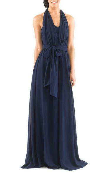 Halter Chiffon Long Bridesmaid Dress with Sash