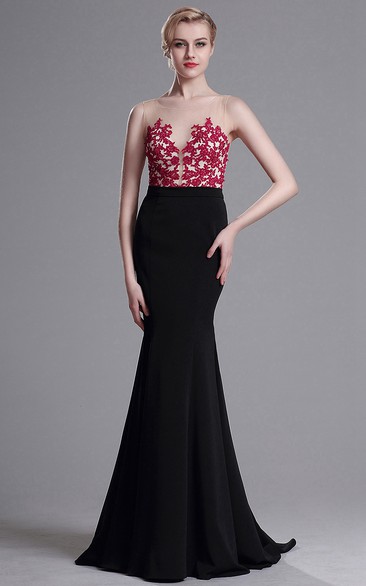 Sheath Sweep Bateau Sleeveless Jersey Appliques Illusion Dress