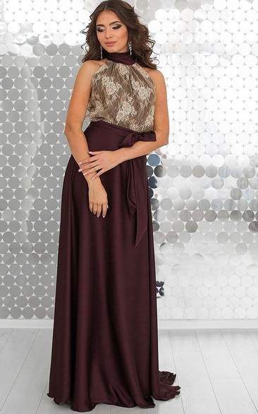 A-Line Floor-Length Halter Sleeveless Jersey Pleats Lace Backless Dress
