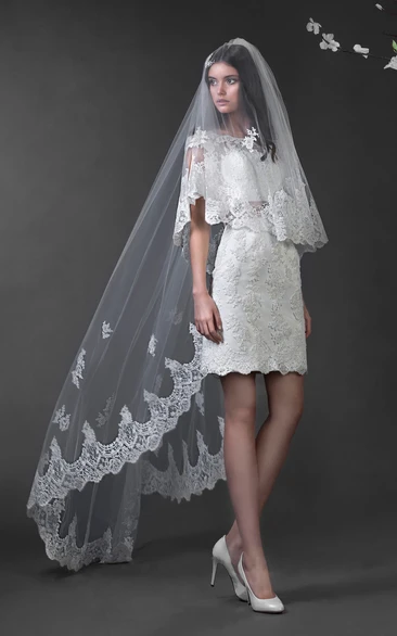 Pencil Mini Bateau Cap-Sleeve Illusion Lace Dress With Appliques And Waist Jewellery