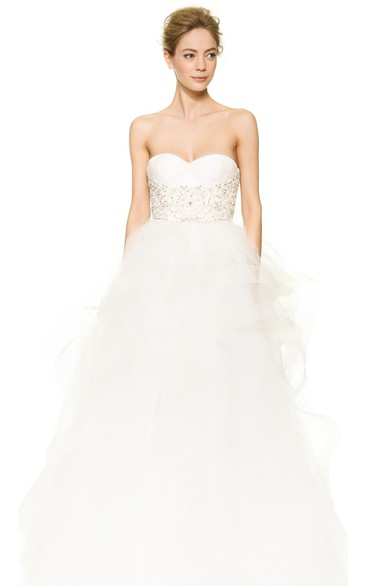 Long Sweetheart Organza Ball Gown With Ruffles and Beading