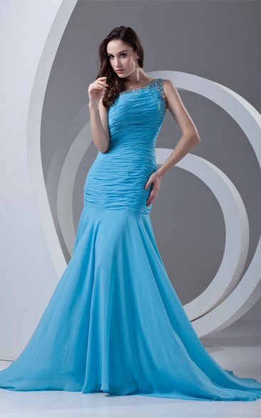 One-Shoulder Beaded Column Dress With Ruched Bodice