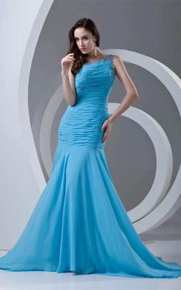 One-Shoulder Beaded Column Dress With Ruched Bodice