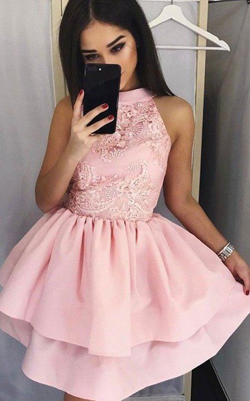 A-line Ball Gown Sleeveless Satin Lace High Neck Short Mini Homecoming Dress