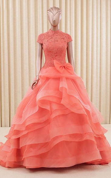 A-Line Ball Gown Floor-Length High Neck Bell Cap Bow Sweep Train Zipper Lace Organza Dress