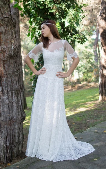 Jewel Short Bell Sleeve Lace Wedding Dress With Illusion Back And Sash