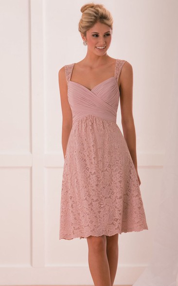 Cap-Sleeved A-Line Short Lace Bridesmaid Dress With Crisscross Ruches