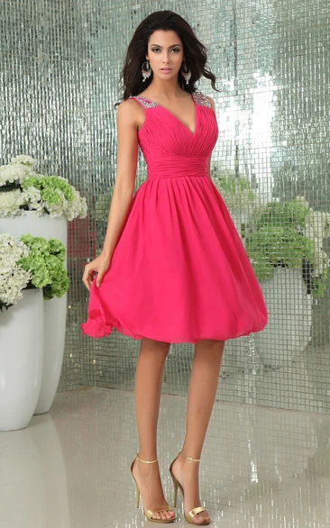 Deep V-Neck Chiffon Dress With Beaded Strap