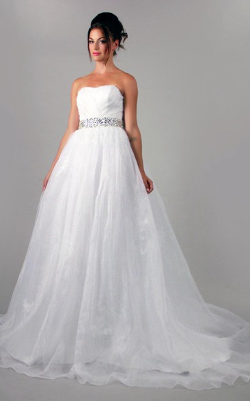 Organza A-Line Sweetheart Dress With Waist Rhinestones and Back Bow