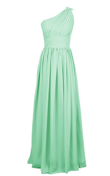 One-shoulder Pleated Chiffon A-line Gown With Ruched Band