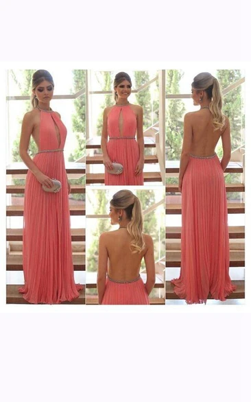 High-neck Floor-length Chiffon Dress with Keyhole and Pleats