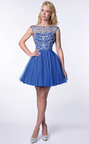 Tulle A-Line Beaded Bodice Homecoming Dress With Deep V-Back