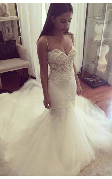 Delicate Tulle Lace Spaghetti Strap Wedding Dress Court Train