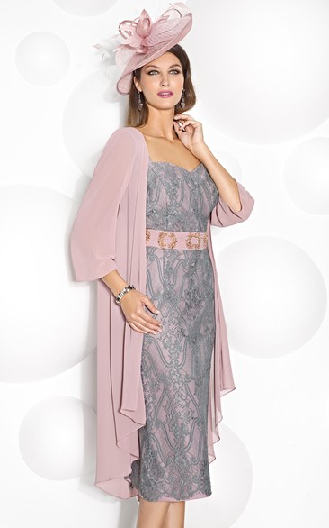 Tea-Length Appliqued 3-4 Sleeve Scoop Neck Chiffon Mother Of The Bride Dress