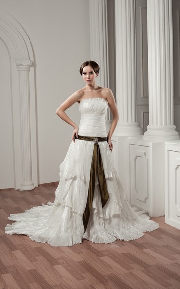 Strapless A-Line Ruched Ribbon and Gown With Tiers