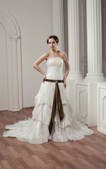 Strapless A-Line Ruched Ribbon and Gown With Tiers