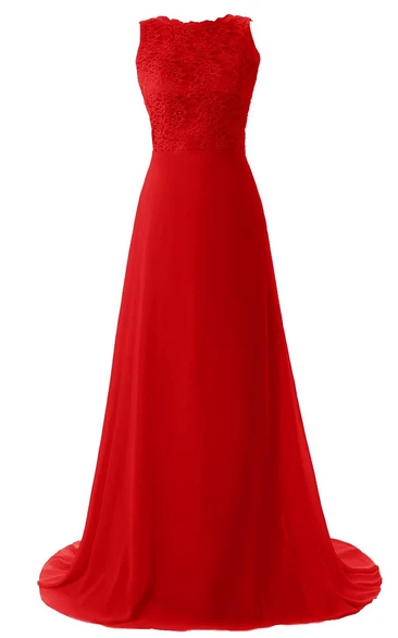 Bateau Lace Bodice Backless Sweep Train