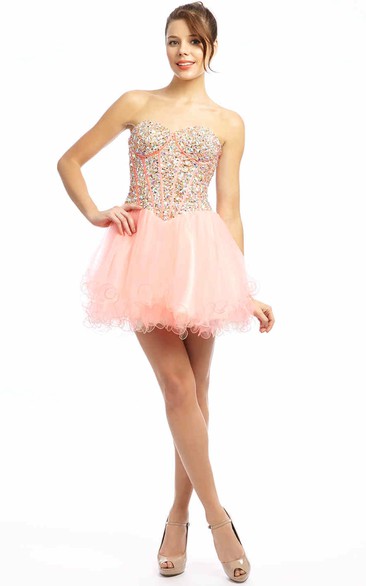 A Line Sweetheart Short Mini Beaded Sleeveless Tulle Prom Dress With Ruffles