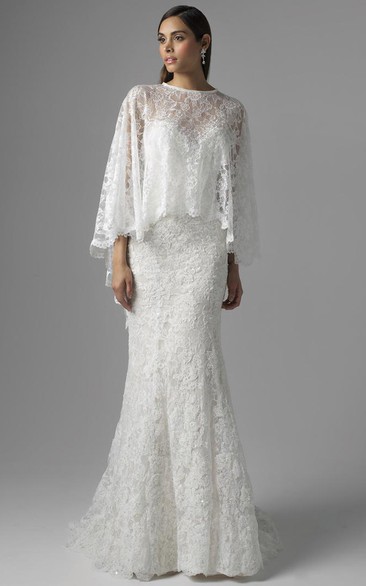 Sheath Appliqued Long Jewel Bat-Sleeve Lace Wedding Dress With Brush Train And Illusion Back