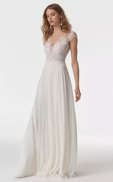 Elegant A Line Chiffon Long Sleeve Illusion Cap Wedding Dress with Lace