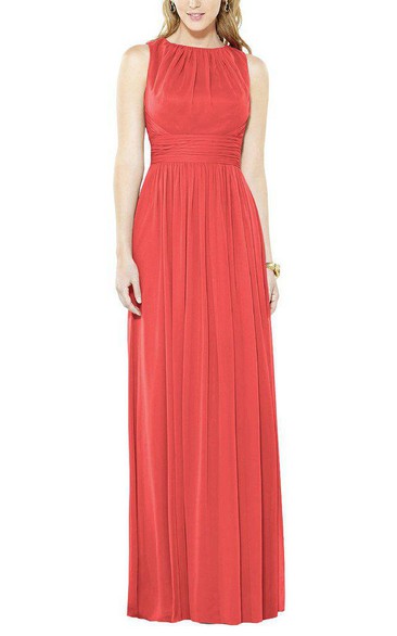 Jewel Neck Sleeveless Long Bridesmaid Dress with Ruching