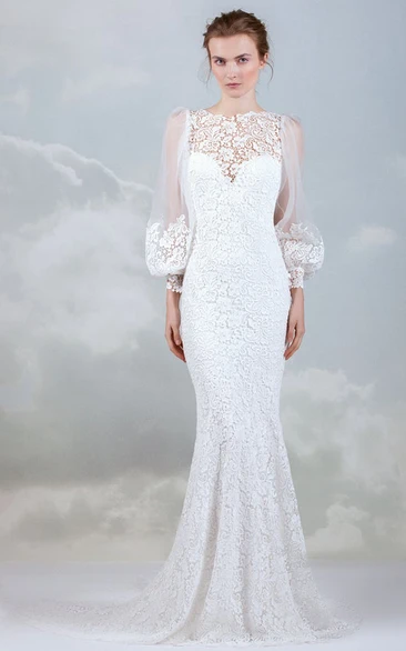 Modern Lace Bateau Long Sleeve Wedding Dress With Low-V Back