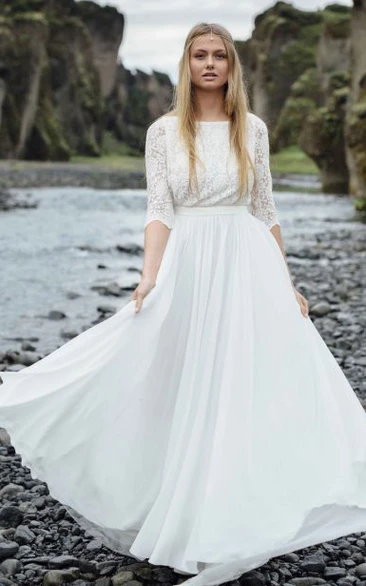 Modest Bateau A Line Lace and Chiffon Sweep Train Wedding Dress with Ruching