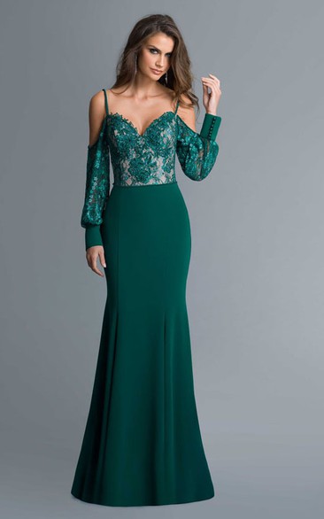 Sheath Spaghetti Long Sleeve Jersey Lace Backless Dress With Appliques