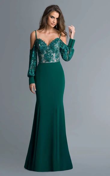 Sheath Spaghetti Long Sleeve Jersey Lace Backless Dress With Appliques