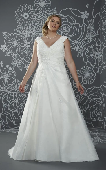 A-Line Floor-Length V-Neck Cap Satin Court Train Lace-Up Back Ruching Dress