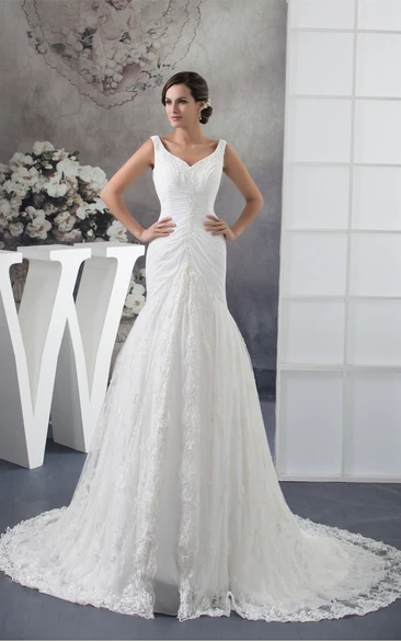 Strapped A-Line Column Tulle Overlay and Dress With Appliques