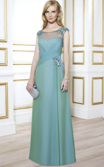 Cap-Sleeve Maxi Scoop-Neck Ruched Satin Formal Dress With Beading