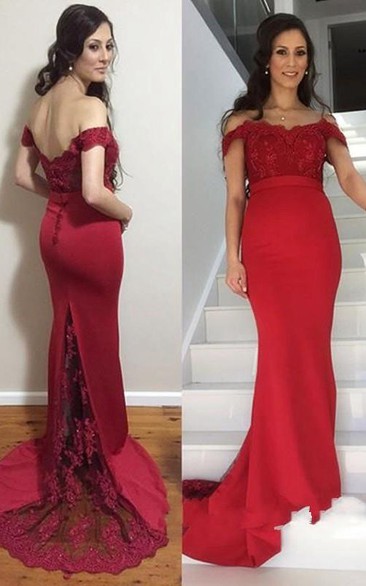 Trumpet Off-the-shoulder Lace Satin Dress with V-back